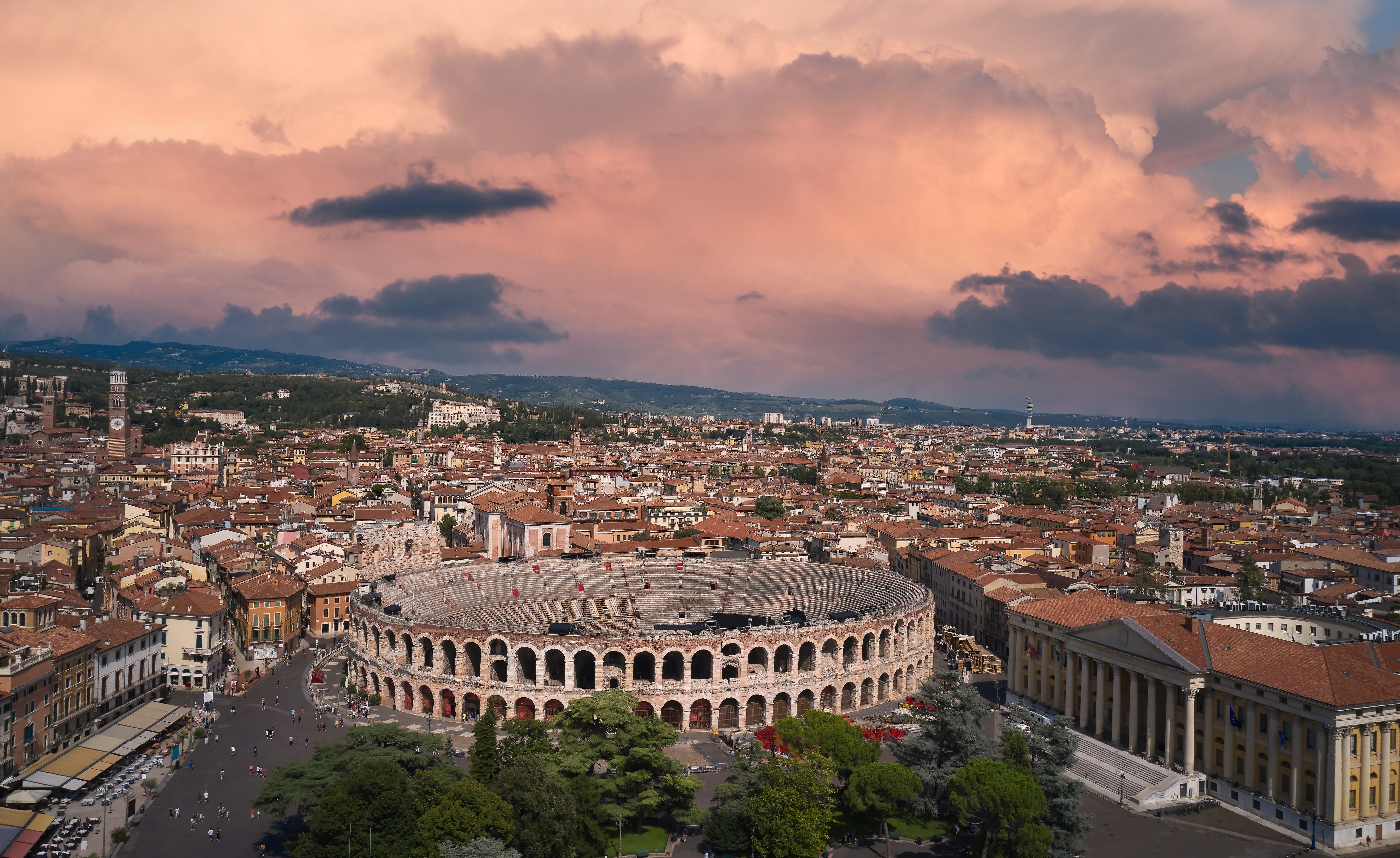 Verona, Italy aerial view of the historic city. Aerial panorama of Piazza Bra in Verona. Monument to Unesco Arena di Verona top view.