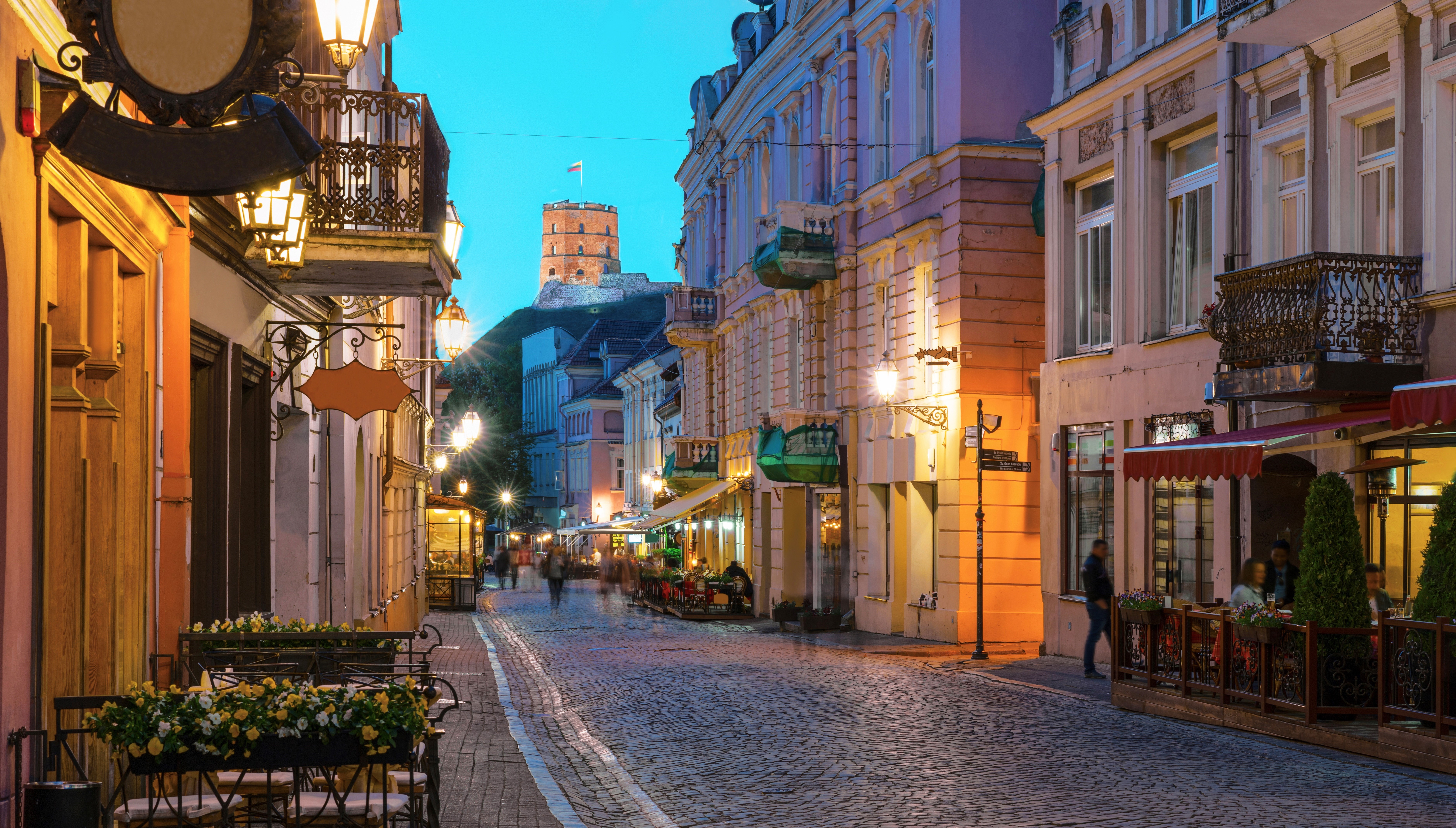 Gediminas Tower viewed from Pilies Street late in the evening, in Vilnius, Lithuania