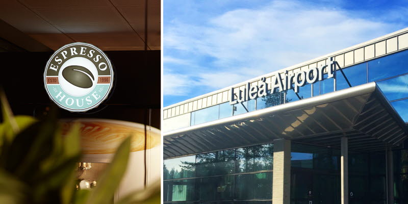 Kollage: Espresso House-logga samt fasadbild på Luleå Airport Kollage: Espresso House-logga samt fasadbild på Luleå Airport
