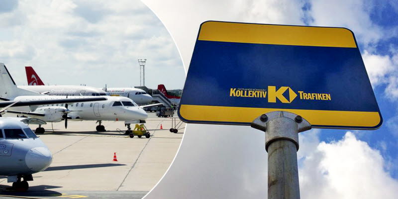Kollage med bild från Visby Airport samt en busskylt Kollage med bild från Visby Airport samt en busskylt