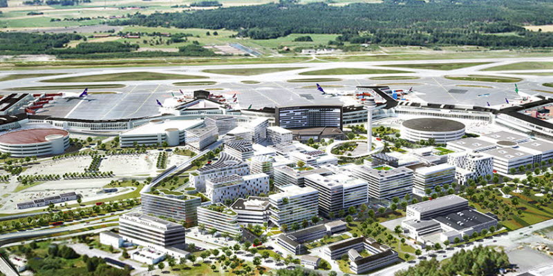 Illustration Arlandas vision 2040 med ny pir och kontorsbyggnader Illustration Arlandas vision 2040 med ny pir och kontorsbyggnader